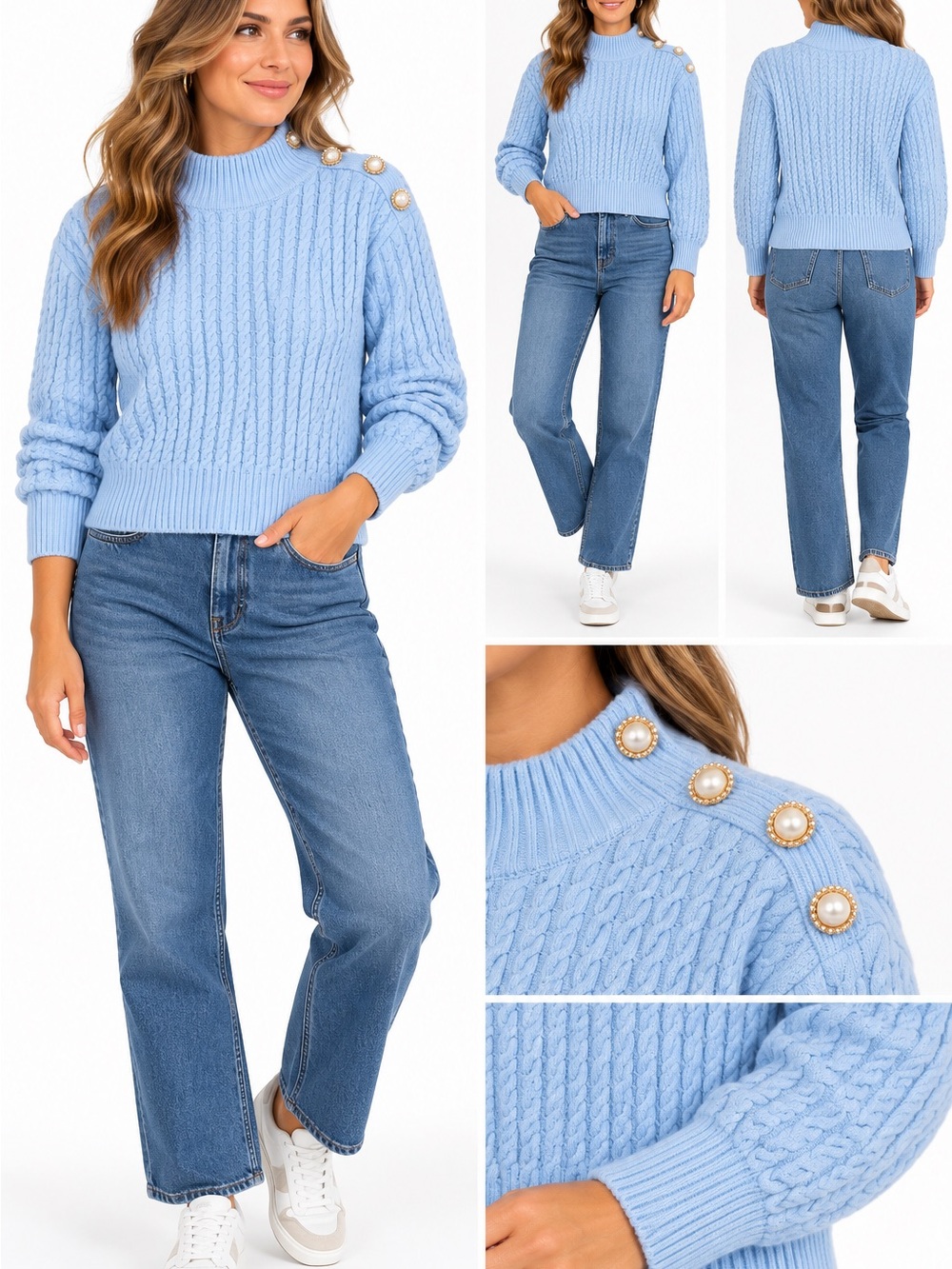 Elie Tahari Light Blue Cable Knit Sweater with Pearl Shoulder Buttons
